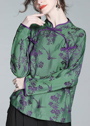 Jacquard Green Stand Collar Button Silk Shirt Spring