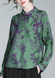 Jacquard Green Stand Collar Button Silk Shirt Spring