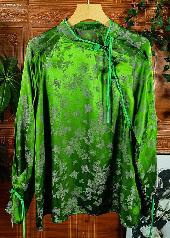 Jacquard Green Tasseled Button Patchwork Silk Shirts Fall