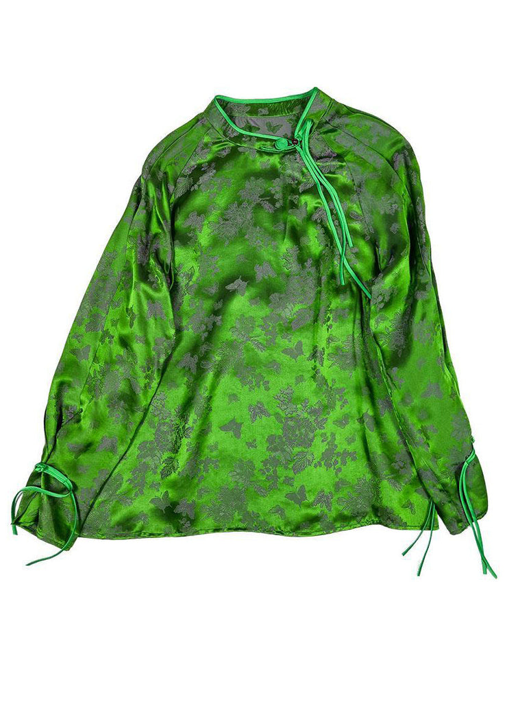 Jacquard Green Tasseled Button Patchwork Silk Shirts Fall