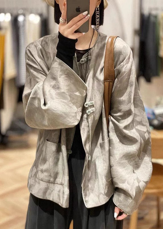 Jacquard Grey O-Neck Pockets Coats Spring