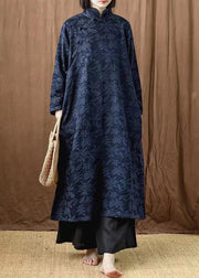 Jacquard Navy Button Pockets Cotton Dress Long Sleeve