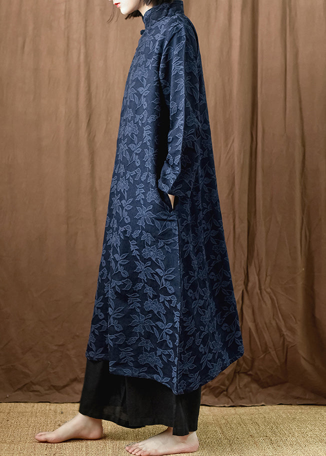 Jacquard Navy Button Pockets Cotton Dress Long Sleeve