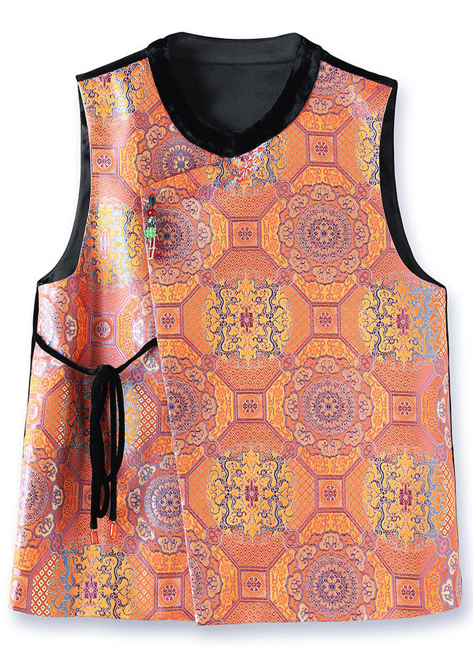 Jacquard Orange O Neck Lace Up Patchwork Silk Waistcoat Sleeveless