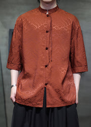 Jacquard Orange Stand Collar Chinese Button Ice Silk Men Shirts Summer