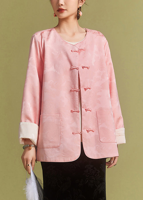 Jacquard Pink Button Pockets Silk Coat Long Sleeve