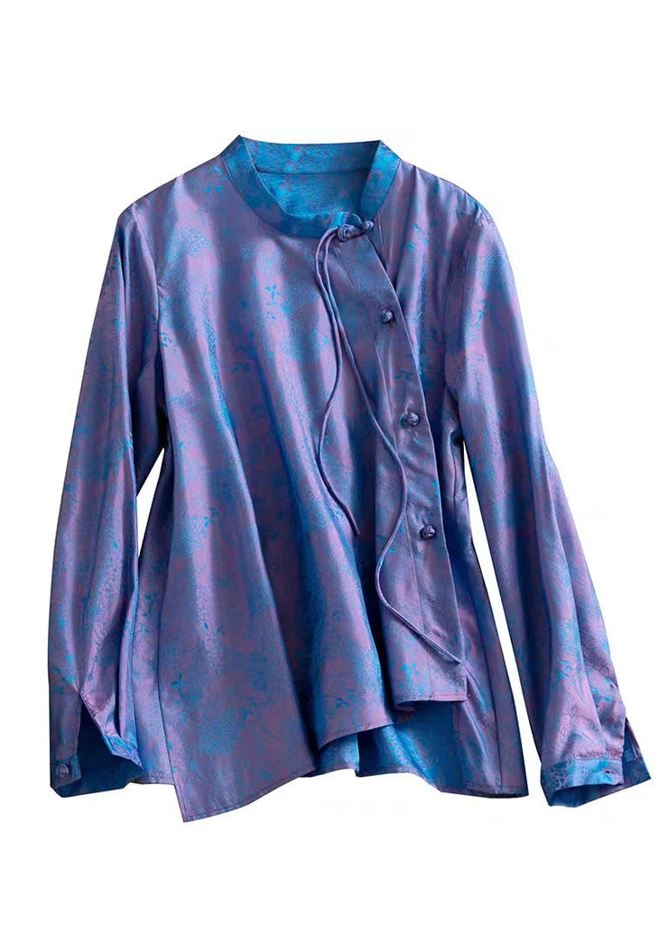 Jacquard Purple Stand Collar Button Silk Shirt Top Fall