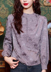 Jacquard Purple Turtleneck Tassel Silk Top Spring