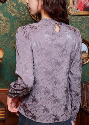 Jacquard Purple Turtleneck Tassel Silk Top Spring