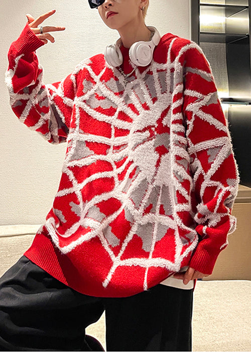 Jacquard Red O Neck Spider Cozy Cotton Knit Men Sweater Winter