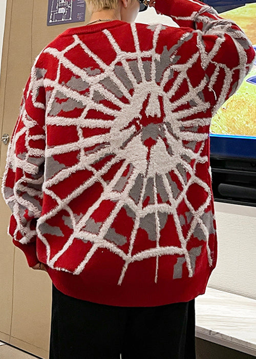 Jacquard Red O Neck Spider Cozy Cotton Knit Men Sweater Winter