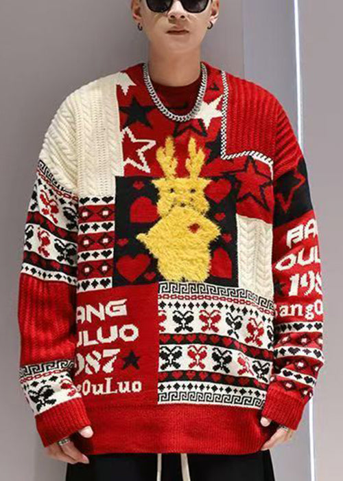 Jacquard Red Original Design Thick Cotton Knit Men Sweater Winter