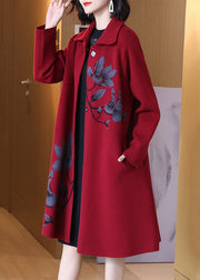 Jacquard Red Peter Pan Collar Button Pockets Woolen Coat Spring