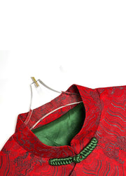 Jacquard Red Stand Collar Button Silk Blouses Long Sleeve