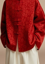 Jacquard Red Stand Collar Button Silk Cotton Fall Coats