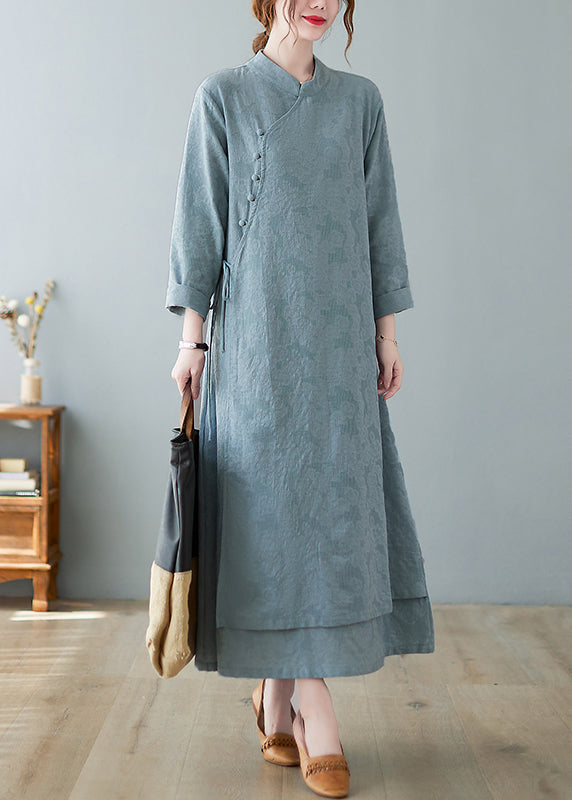 Jacquard Sky Blue Stand Collar Button Lace Up Cotton Long Dresses Fall