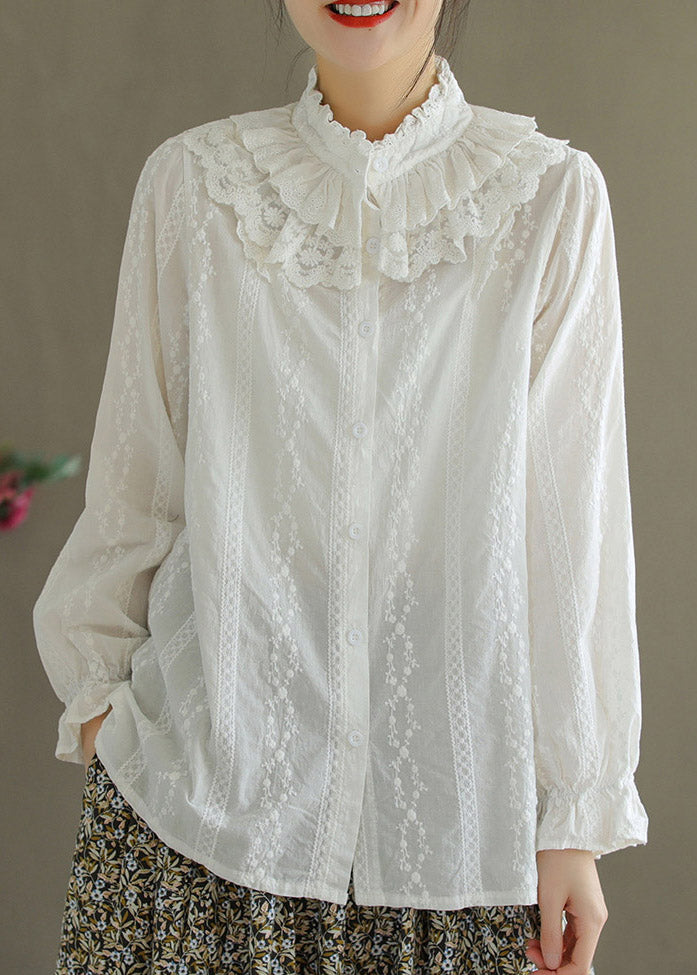 Jacquard White Ruffled Embroideried Lace Patchwork Button Cotton Shirt Long Sleeve