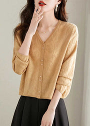 Jacquard Yellow V Neck Button Solid Knit Cardigan Fall