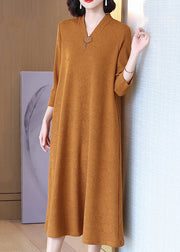 Jacquard Yellow V Neck Pockets Cotton Long Dresses Spring