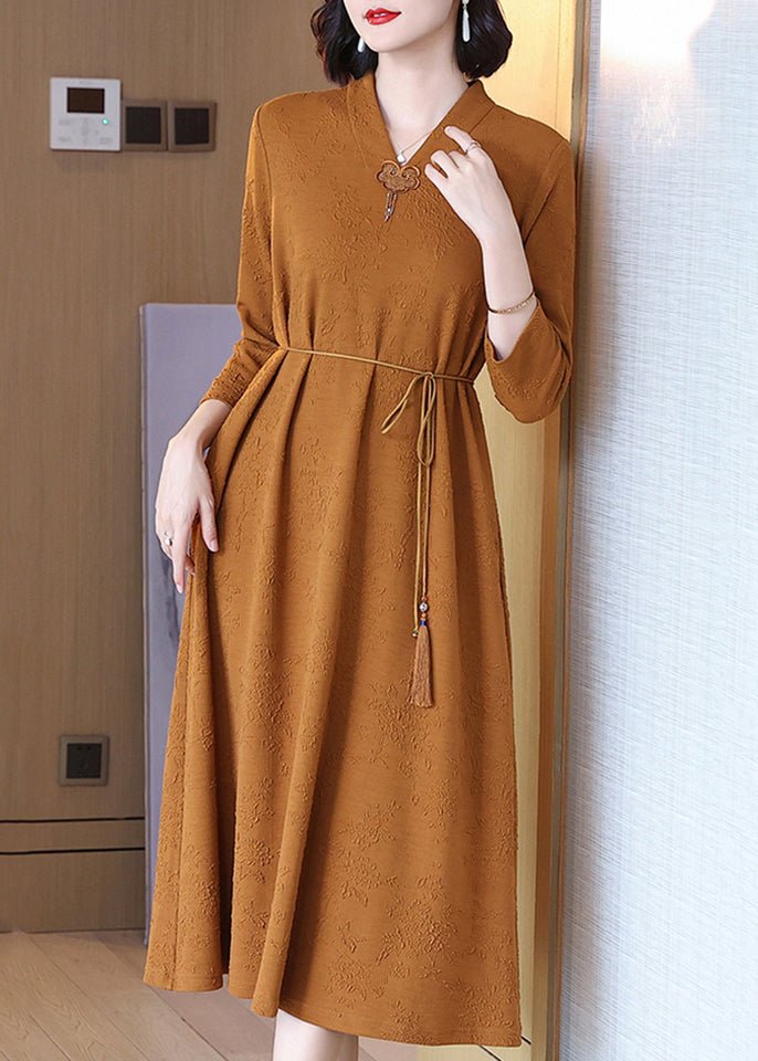 Jacquard Yellow V Neck Pockets Cotton Long Dresses Spring