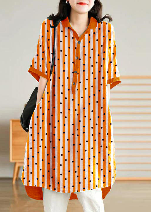 Jade purple-pumpkin stripes polka dots Linen Women Casual Linen Shirt Dress