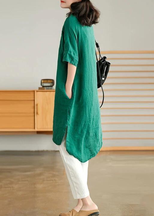 Jade dark green-snowflake Linen Women Casual Linen Shirt Dress