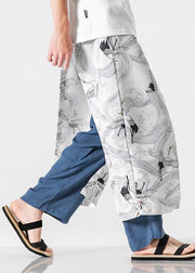 Japanese Casual Peacock Blue Oriental Print Cotton Men Pants Summer