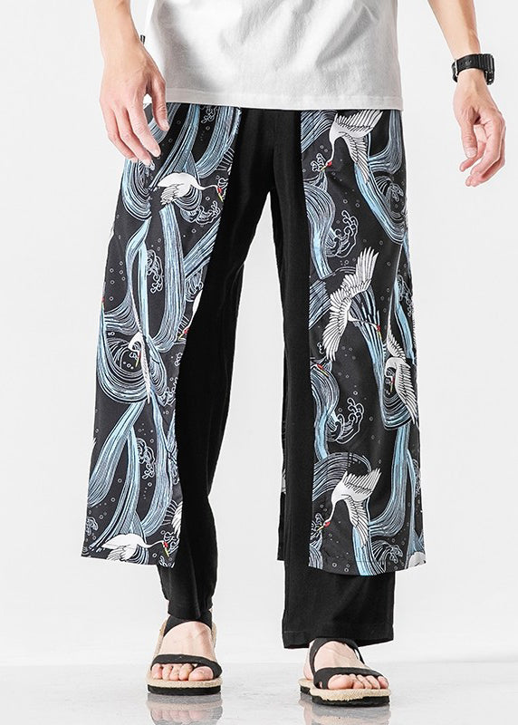 Japanese Casual Peacock Blue Oriental Print Cotton Men Pants Summer