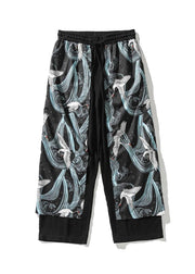 Japanese Casual Peacock Blue Oriental Print Cotton Men Pants Summer