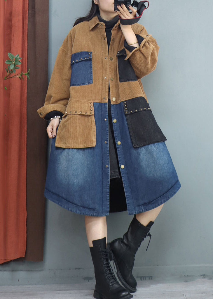 Khaki Button Denim Patchwork Long Coats Rivet Long Sleeve