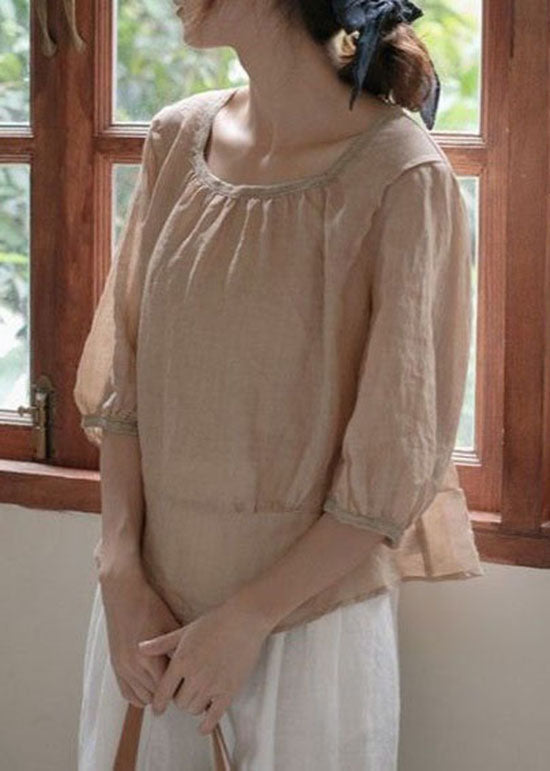 Khaki Button Patchwork Linen Top O Neck Back Side Open Summer