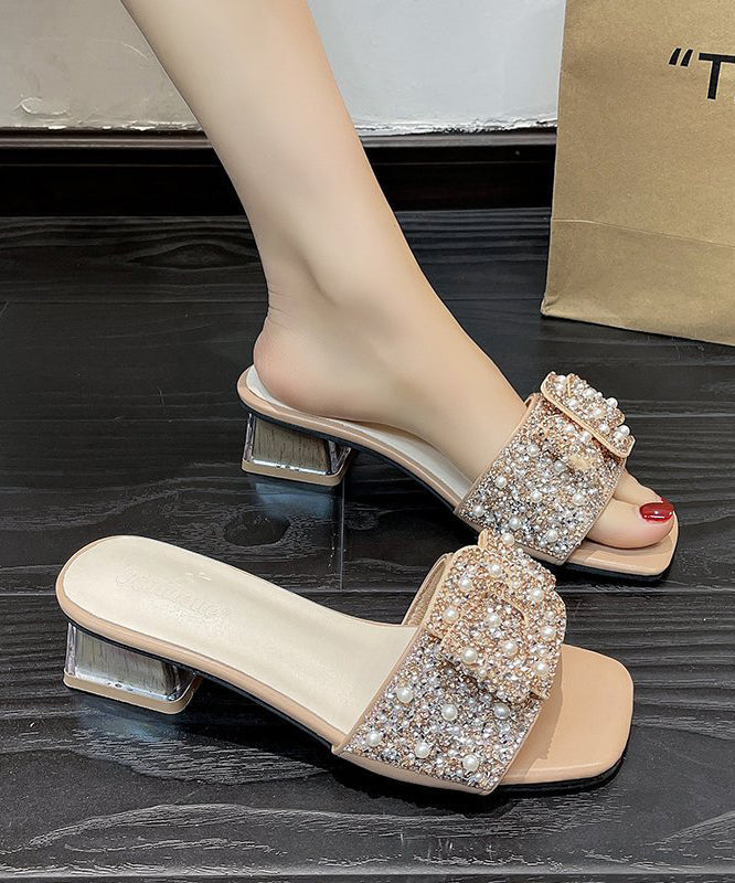 Khaki Chunky Heel Slide Sandals Boutique Zircon Nail Bead