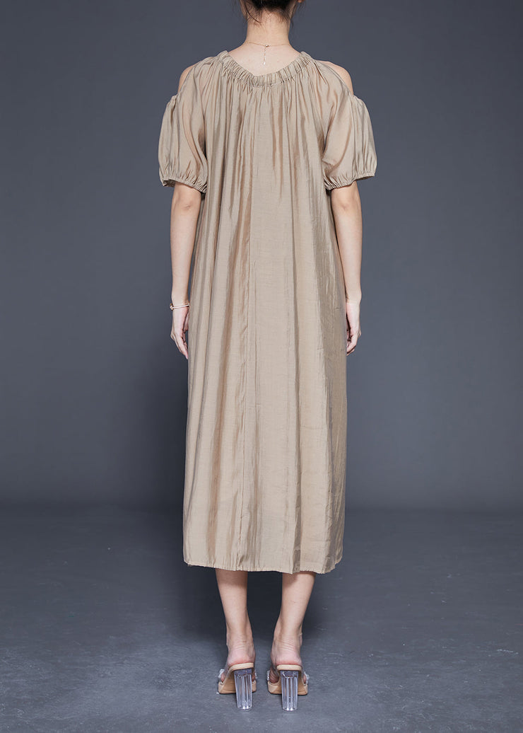 Khaki Cold Shoulder Silk Party Dress Oversized Summer