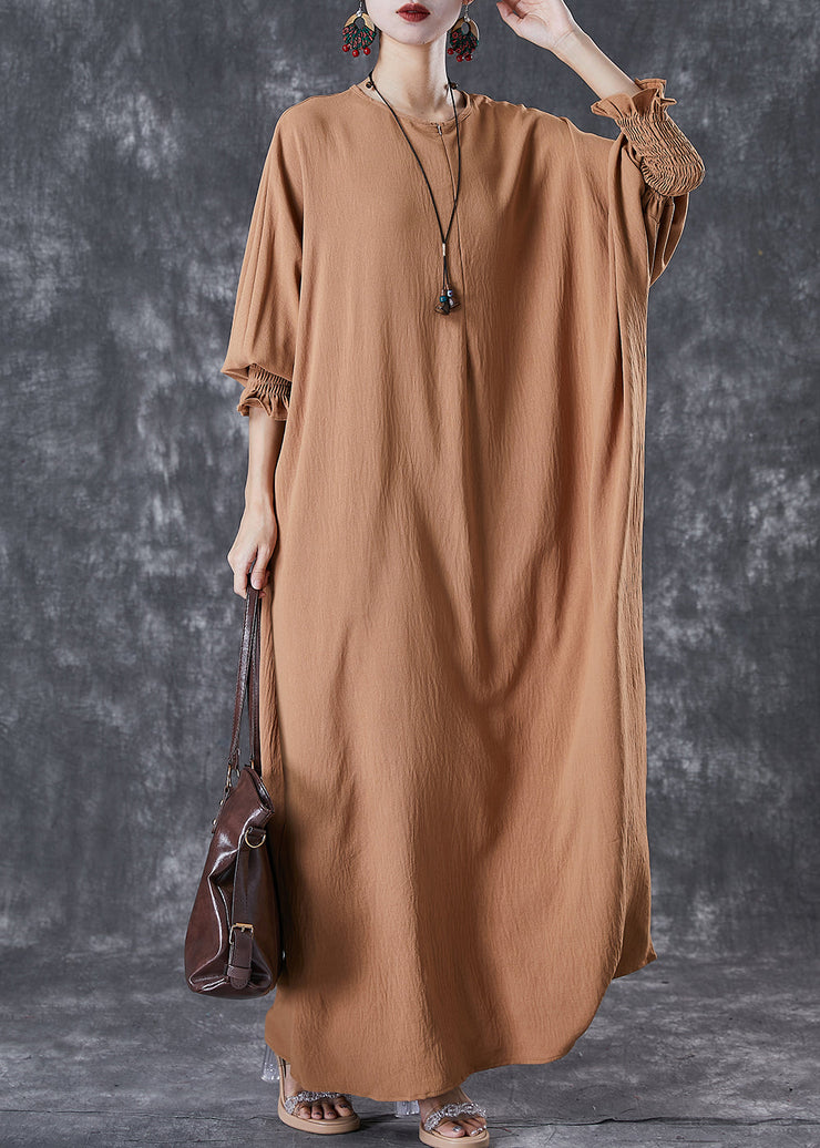 Khaki Cotton Holiday Dress Oversized Batwing Sleeve