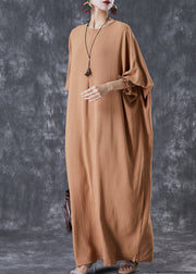 Khaki Cotton Holiday Dress Oversized Batwing Sleeve