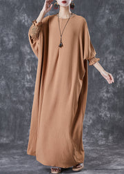 Khaki Cotton Holiday Dress Oversized Batwing Sleeve