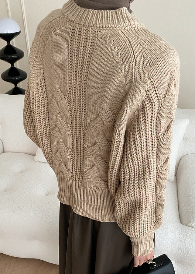 Khaki Cozy Solid Knit Sweaters V Neck Fall