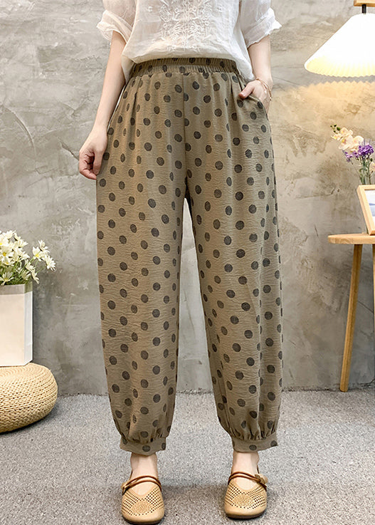 Khaki Dot Pockets Cotton Crop Pants Elastic Waist Summer