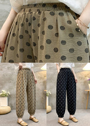 Khaki Dot Pockets Cotton Crop Pants Elastic Waist Summer