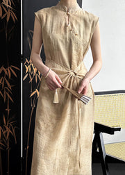 Khaki Drawstring Silk Cotton Long Dresses Stand Collar Sleeveless