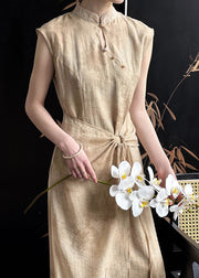 Khaki Drawstring Silk Cotton Long Dresses Stand Collar Sleeveless