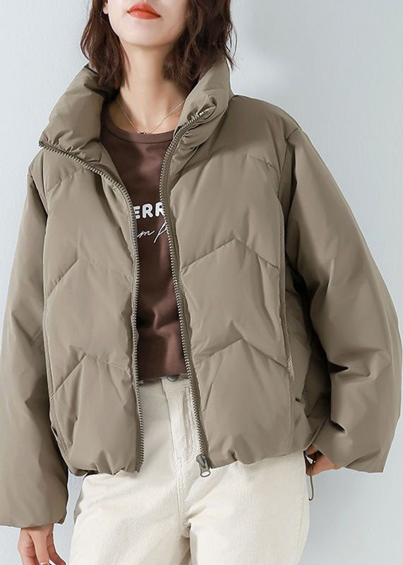 Khaki Duck Down Puffer Jacket Stand Collar Zip Up Drawstring Long Sleeve