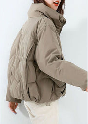 Khaki Duck Down Puffer Jacket Stand Collar Zip Up Drawstring Long Sleeve