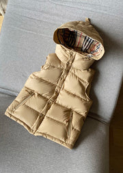 Khaki Duck Down Puffer Vest Hooded Zippered Sleeveless