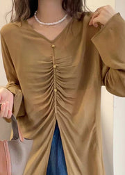 Khaki Front Open Solid Cotton Fall Blouses V Neck