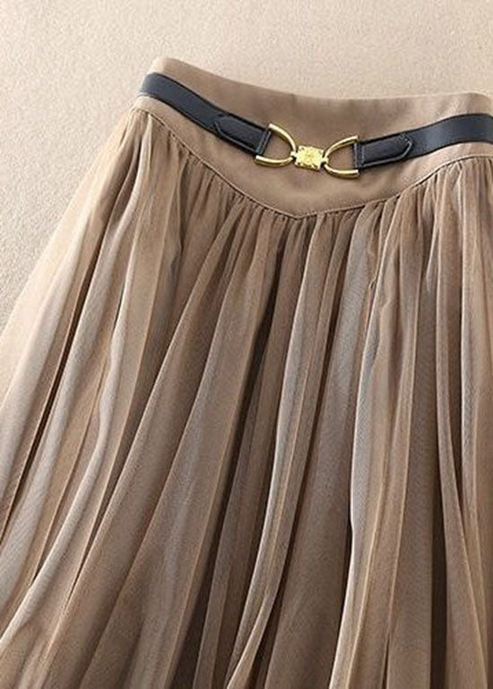 Khaki High Waist Exra Large Hem Tulle Skirts Wrinkled Spring