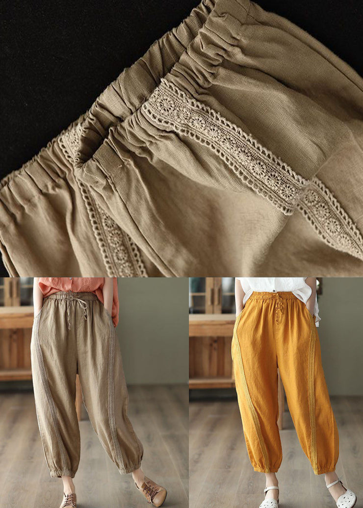 Khaki Hollow Out Patchwork Linen Harem Pants Summer