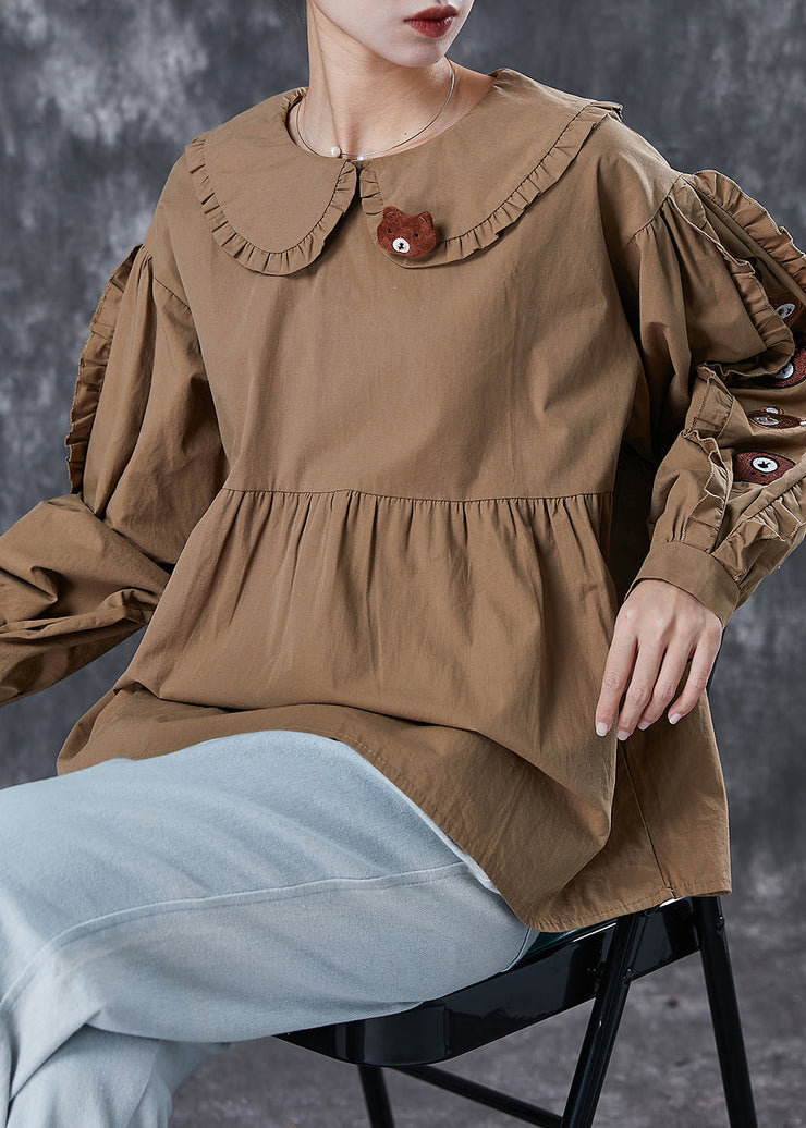 Khaki Loose Cotton Sweatshirt Ruffled Bear Spring