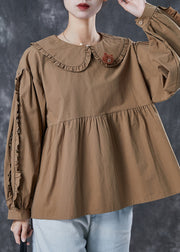 Khaki Loose Cotton Sweatshirt Ruffled Bear Spring