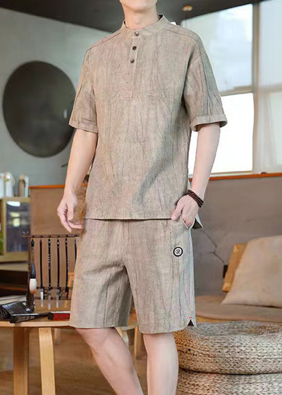 Khaki O-Neck Pockets Mens T Shirt And Shorts Two Pieces Set Short Sleeve